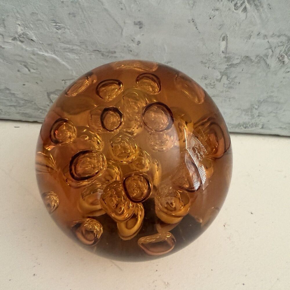 Amber Murano Art Glass Sphere Interior Bubbles Mid Century Paperweight